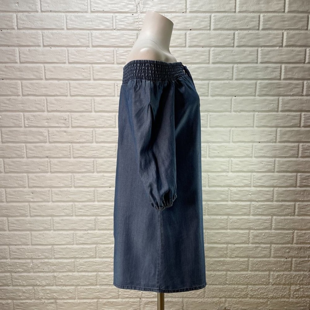 Bebe On Off Shoulder Dress Womens Small Blue Chambray ¾ Sleeve - Picture 7 of 11